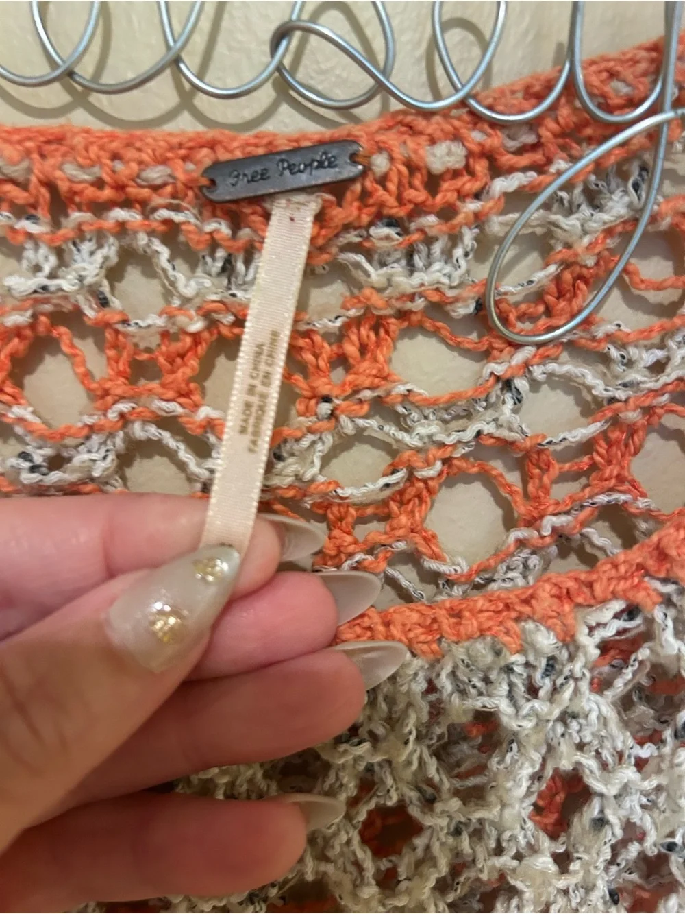 Free People Cream and Orange Crochet Open-Knit Cropped Boho Sweater Size M